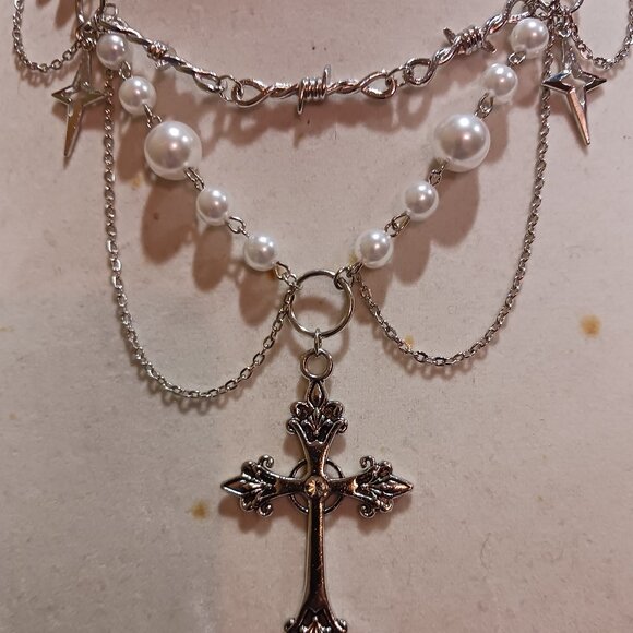 Gothic Punk Cosmic Cross Rosary Layered Choker Silver and White Necklace - Picture 10 of 14